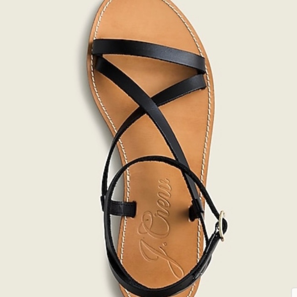 J. Crew Flat Strappy Sandals In Black Leather - Picture 2 of 14